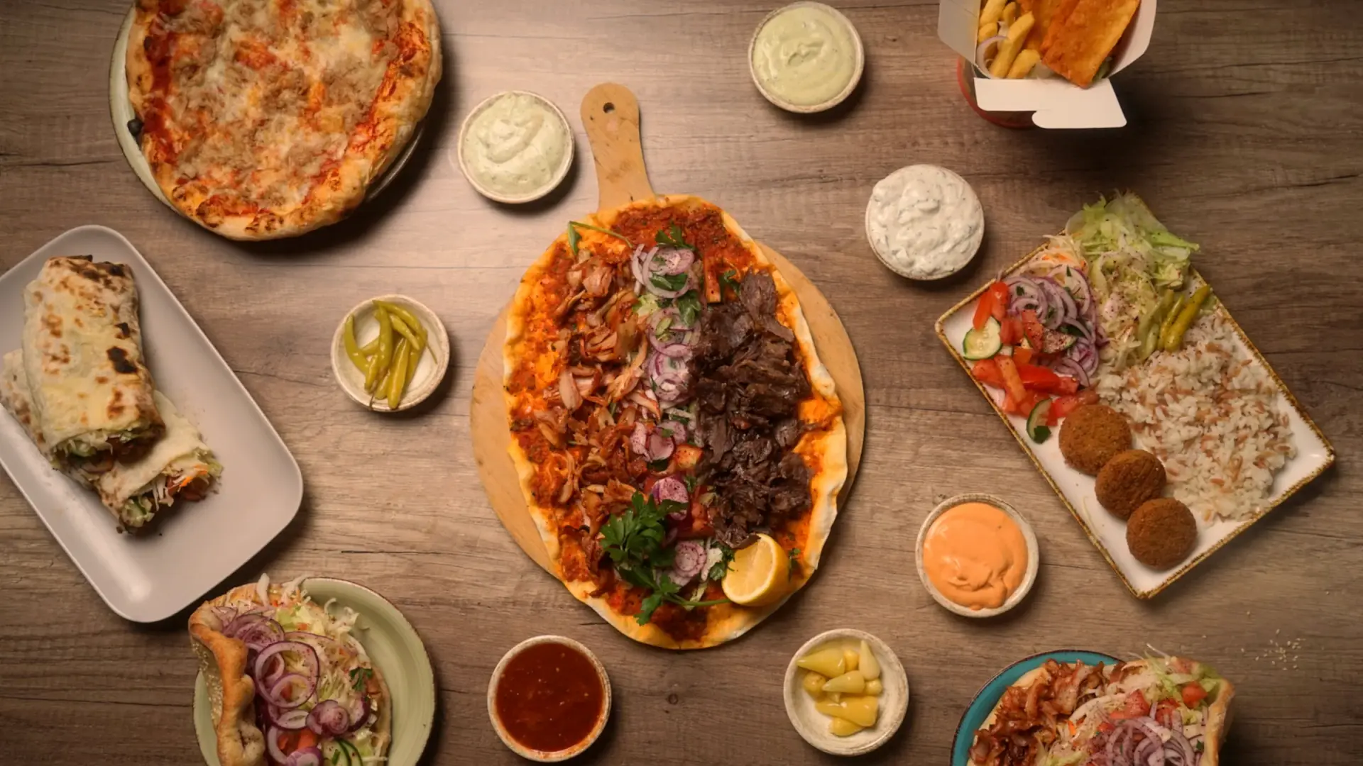 Von oben: Türkische Pizza mit Fleisch, Steinofen Pizza, Dürüm, Teller, Box und Saucen auf dem Holztisch
